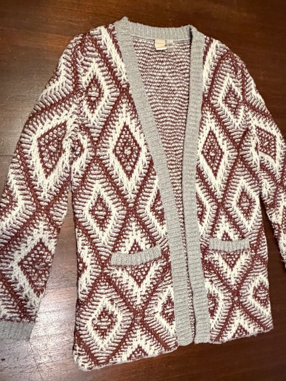 ROXY XS Burgundy Cream Aztec Geometric Open Front Knit Cardigan